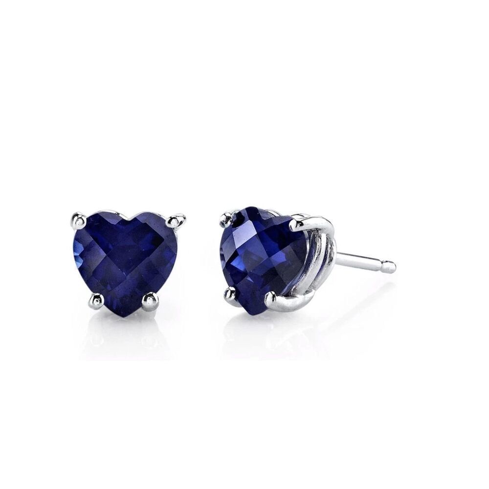 2 Ct. Heart Cut Blue Sapphire Gemstone Stud Earrings~.925 Sterling Silver